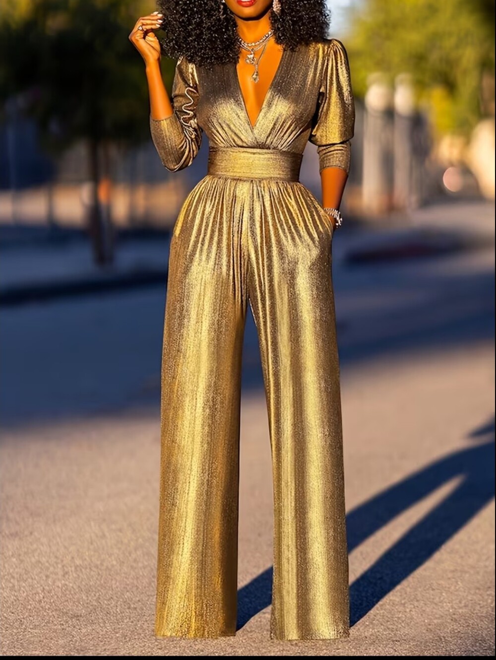 Women's Shiny Deep High Waist Wide- Jumpsuit - Elegant Three-Quarter Sleeve Body - Picture 6 of 8